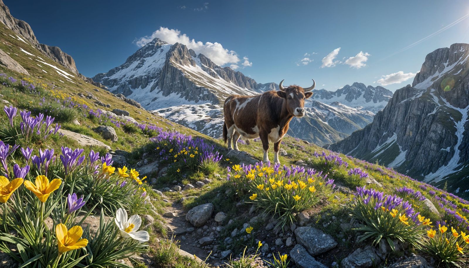 Surreal Alpine Spring Scene with Cows and Hut