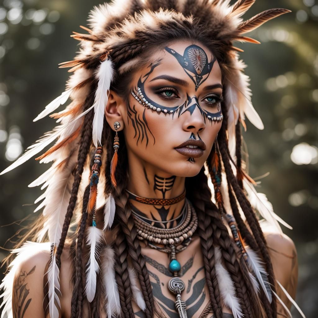 Fierce Tribal Warrioress with Braids and Face Tattoo