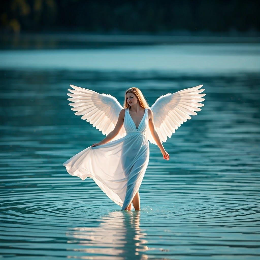 Angel Dancing in Turquoise Water with Golden Light
