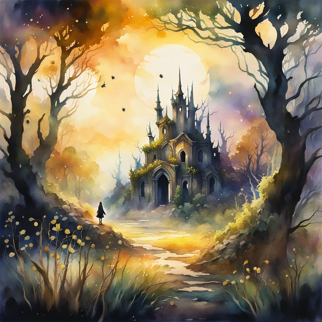 Fairy in Moody Landscape, Intricate Watercolor Art