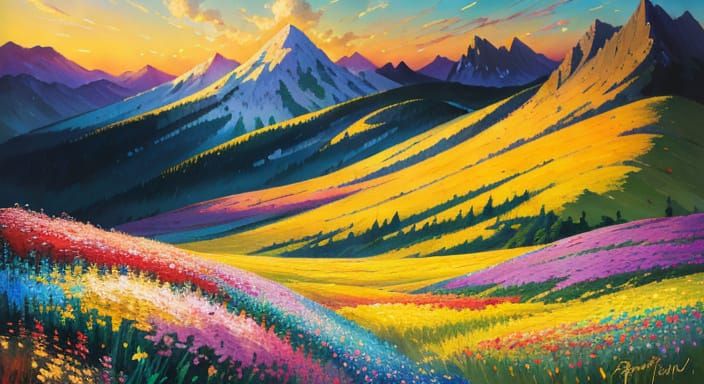 Vibrant Mountain Flower Field in Golden Hour Light
