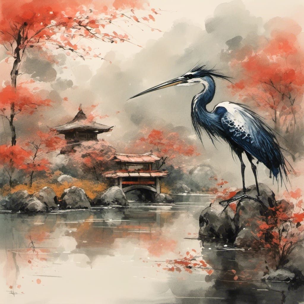 Samurai Heron in Japanese Garden Painting