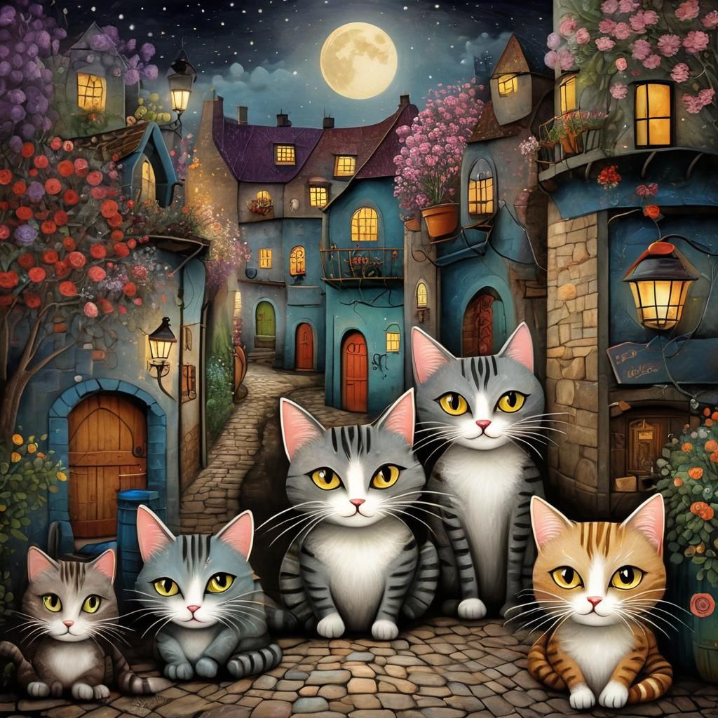 Whimsical Cats in Moonlit Village Illustration