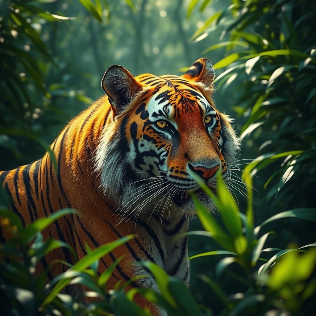 Majestic Tiger in Hyper-Realistic Jungle Habitat