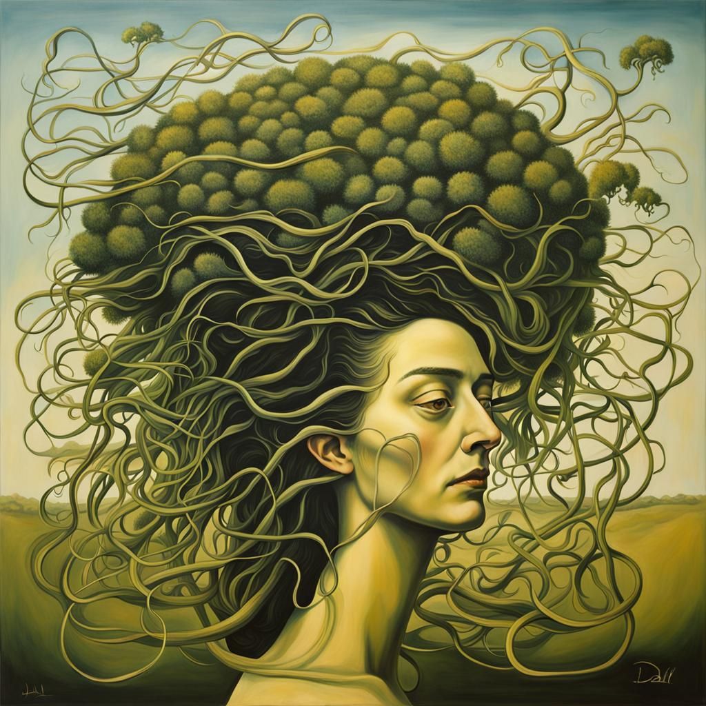 Surreal Tangled Hair in Dali-esque Oil Painting