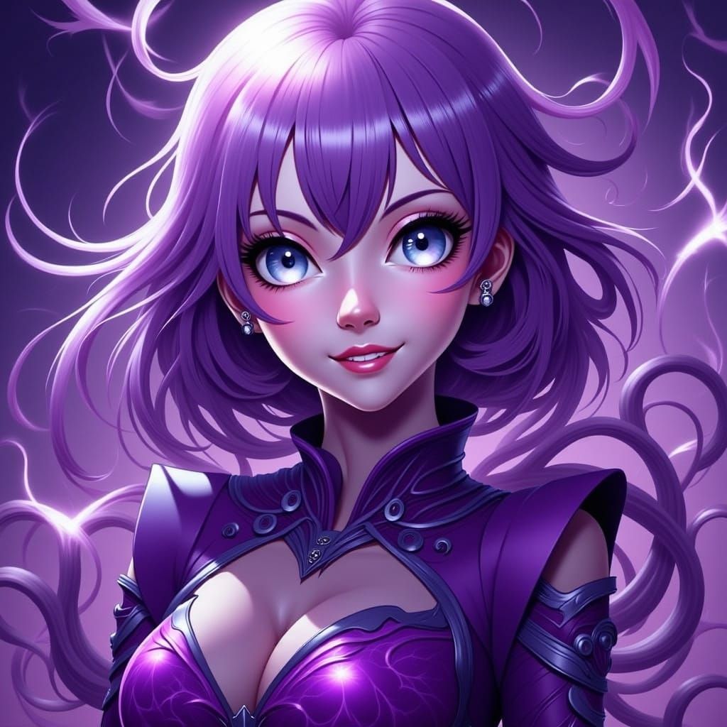 Metallic-Eyed Woman Shimmers in Electric Purple Hues