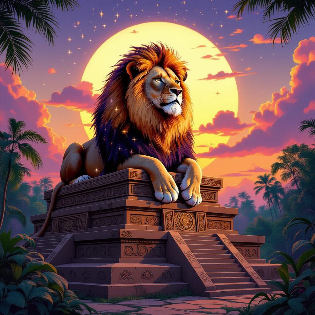 Stardust Lion on Jungle Ziggurat, Hyperrealistic Fantasy