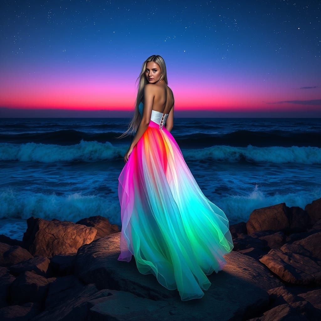 Enchanting Shore Goddess Illuminates Sunset