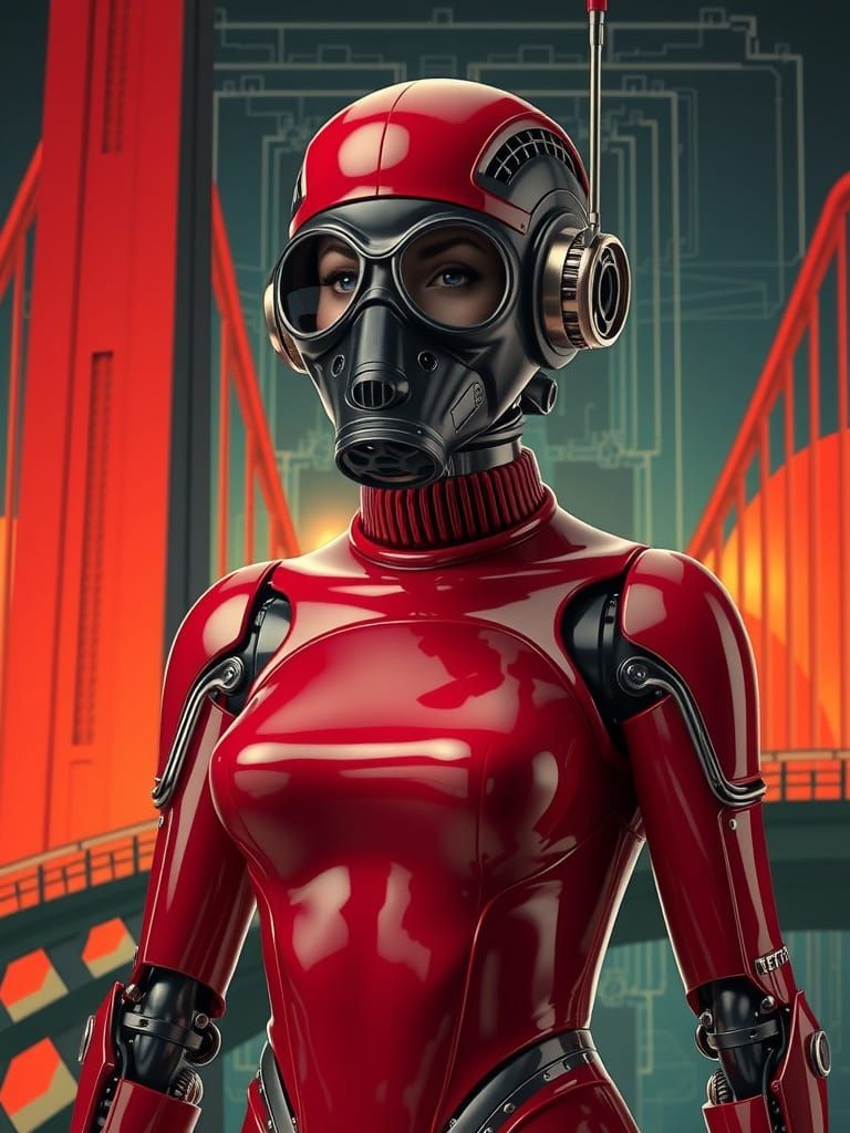 Futuristic Robot in Red Latex Bodysuit