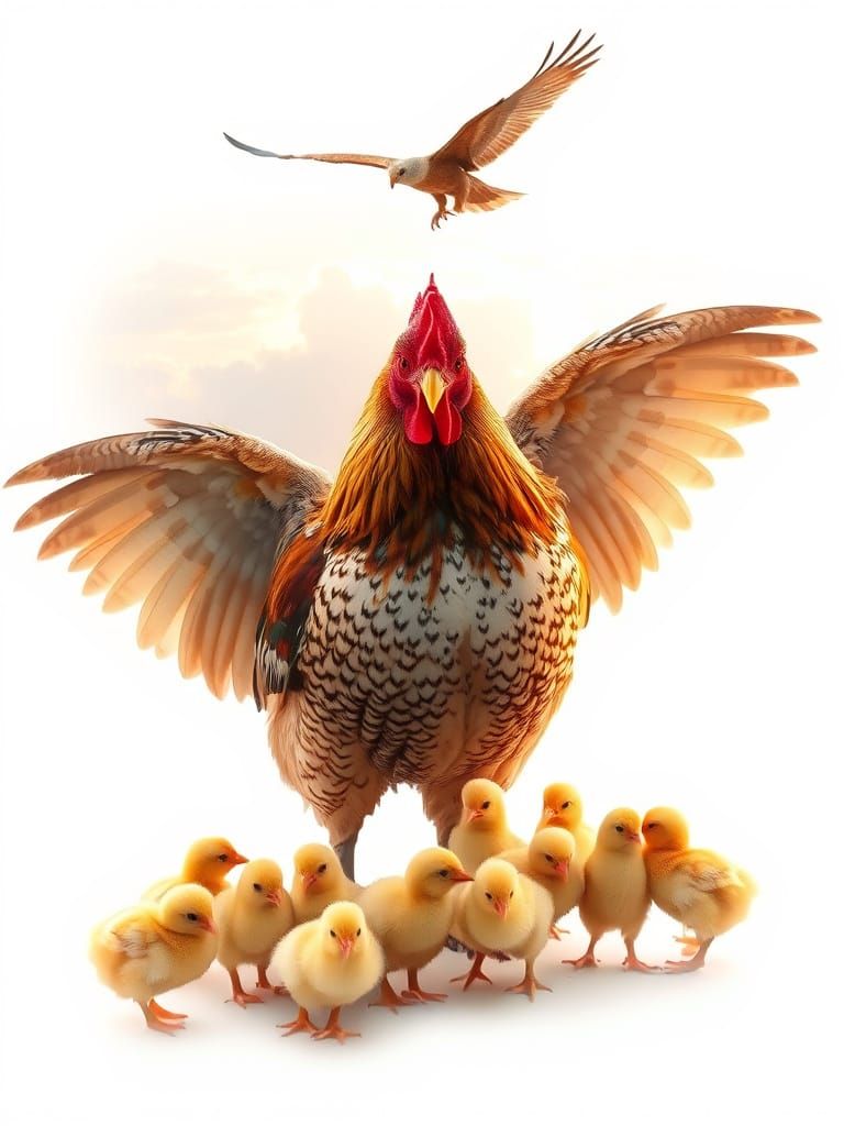 Majestic Hen Protects Fledglings as Hawk Soars Above in Dawn...