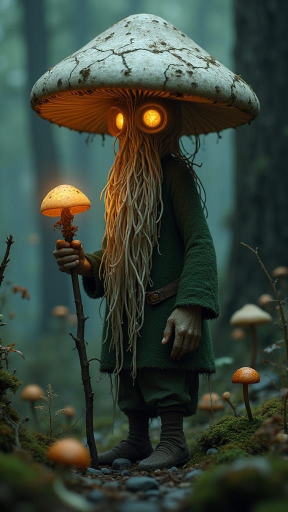 Surreal Mushroom Spirit in Shadowed Forest