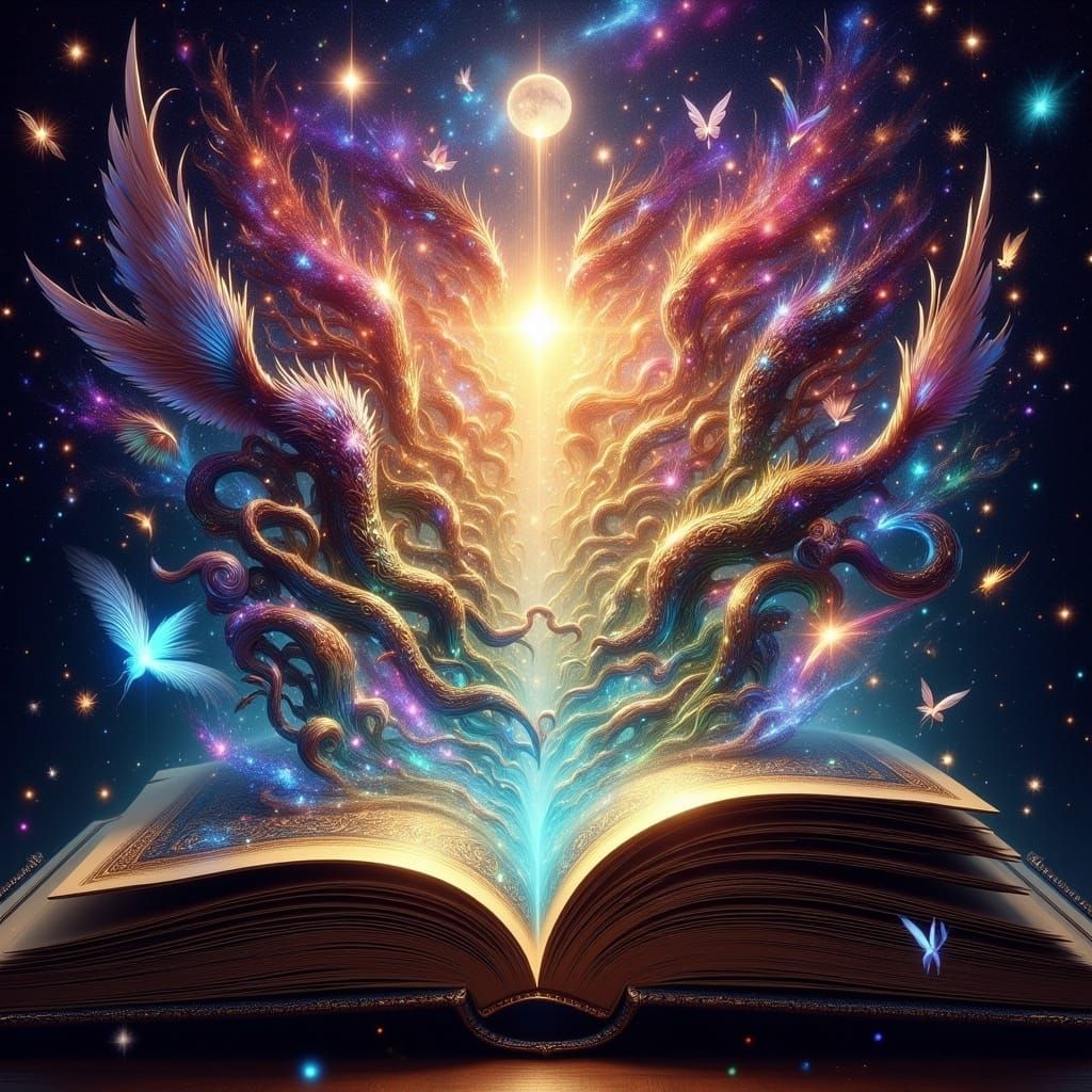 Surreal Fantasy Scene: Whimsical Book Explosion in Merged Ar...