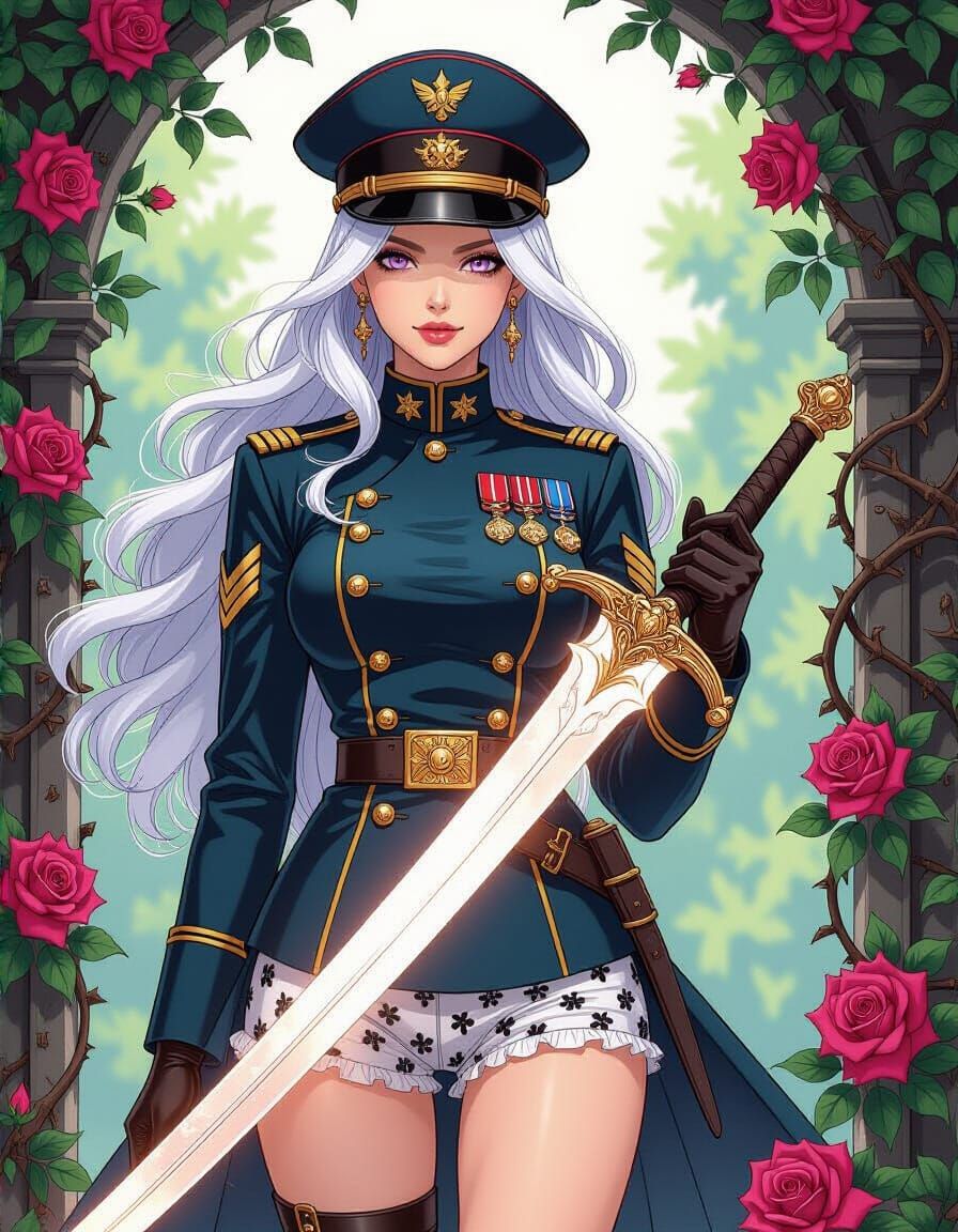 Fantasy Officer in Golden Hairstyle with Floral Tattoos