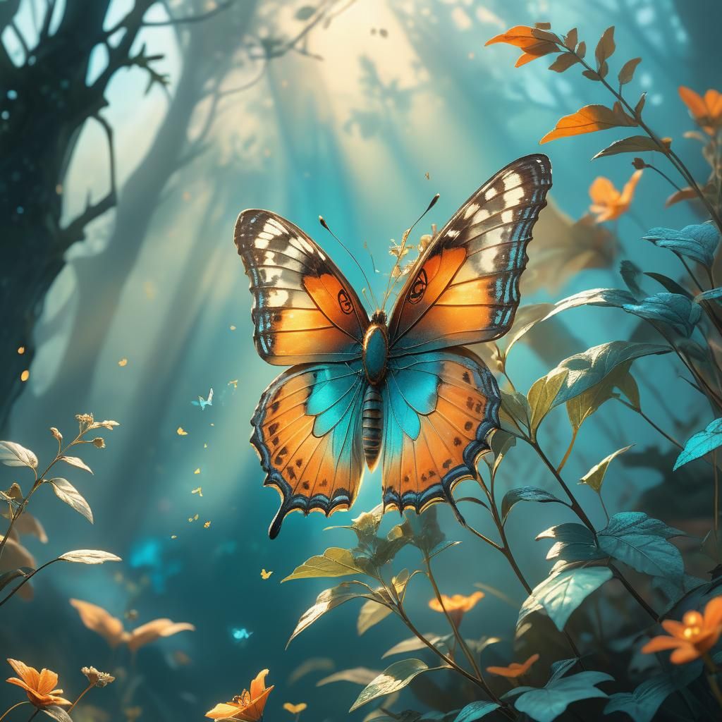 Butterfly in Misty Landscape, Hyperrealistic Concept Art
