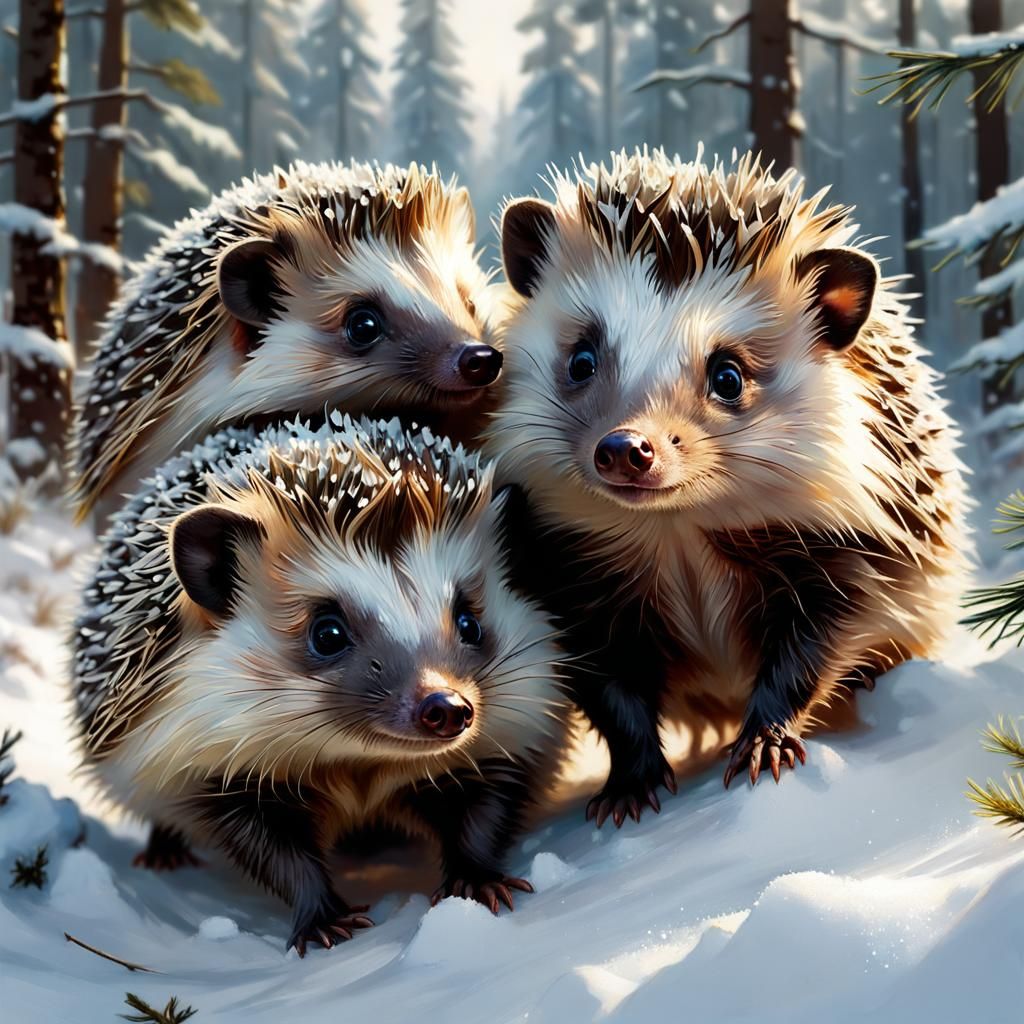 Hedgehogs Play in Winter Forest: Matte Painting