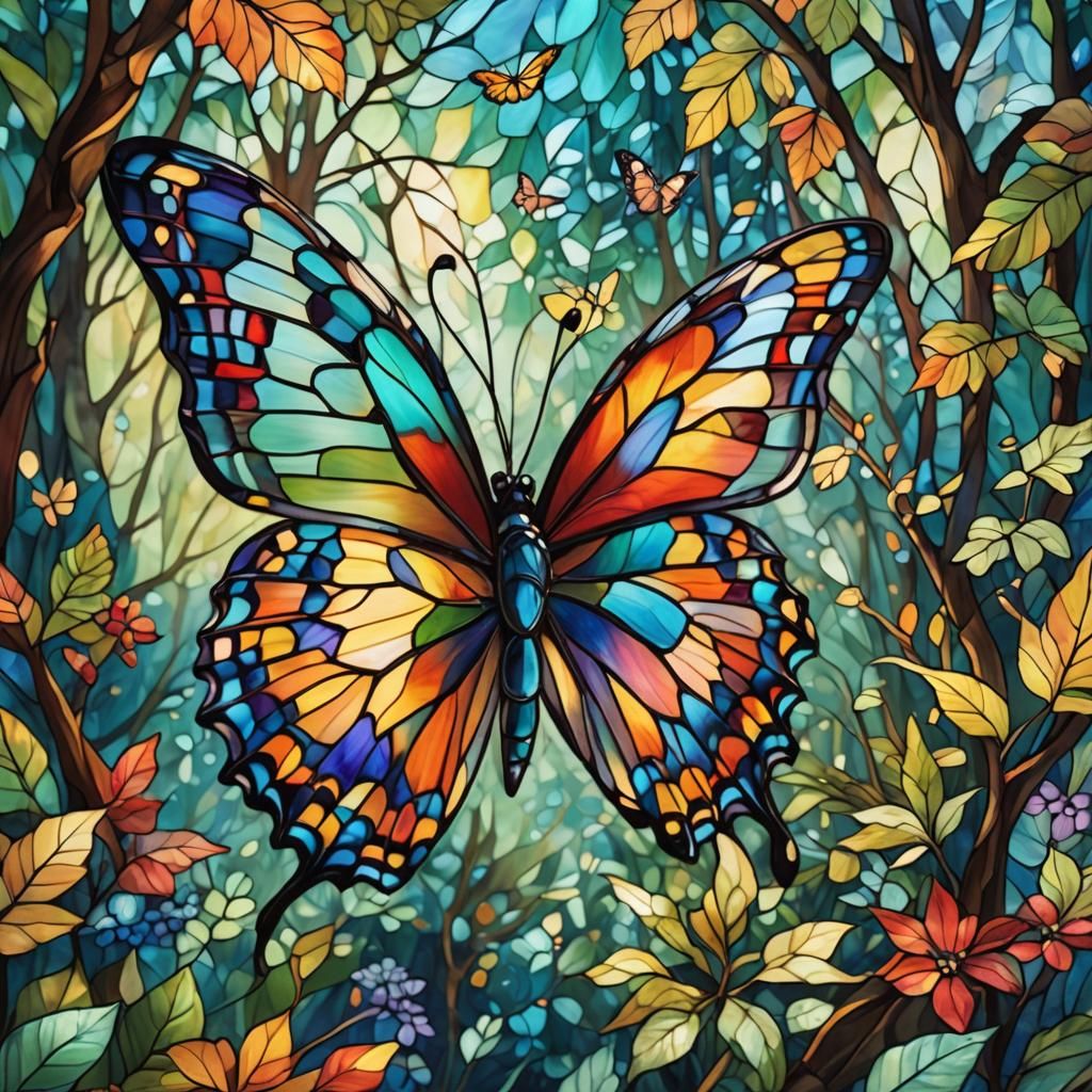 Butterfly with Stained Glass Wings in Art Nouveau Style