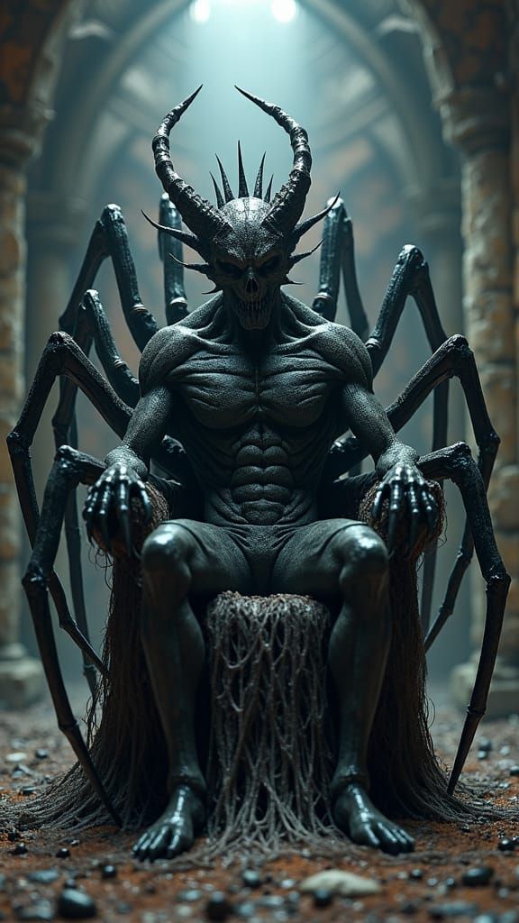 Spider-Demon Hybrid on Throne: Dark Fantasy Art