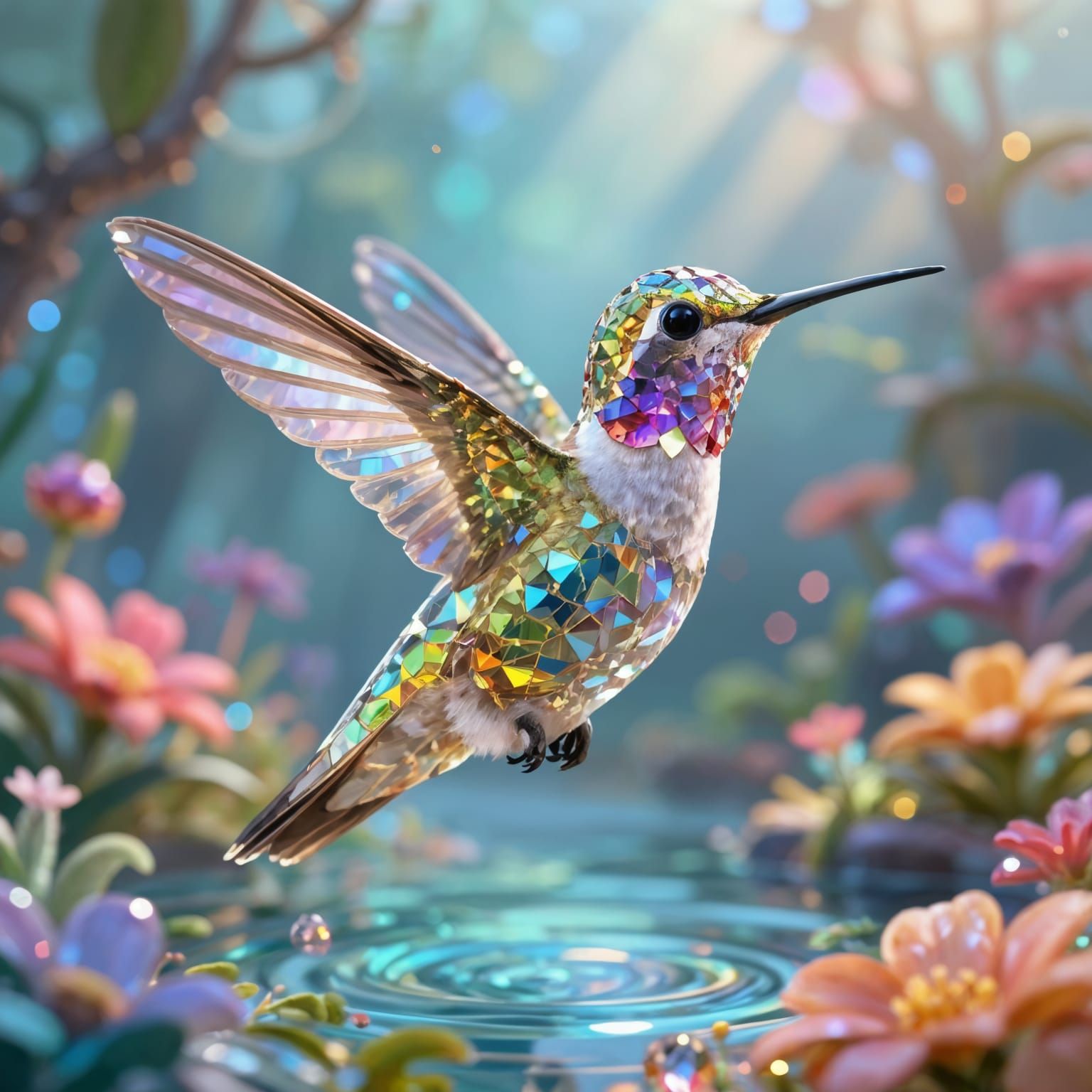 Rainbow Crystal Hummingbird in Enchanted Oasis