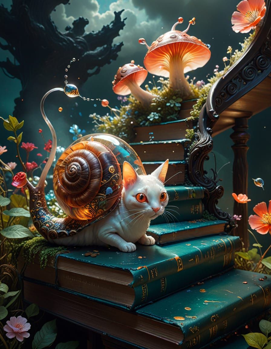Surreal Snail on Book Staircase, Dreamlike Digital Art