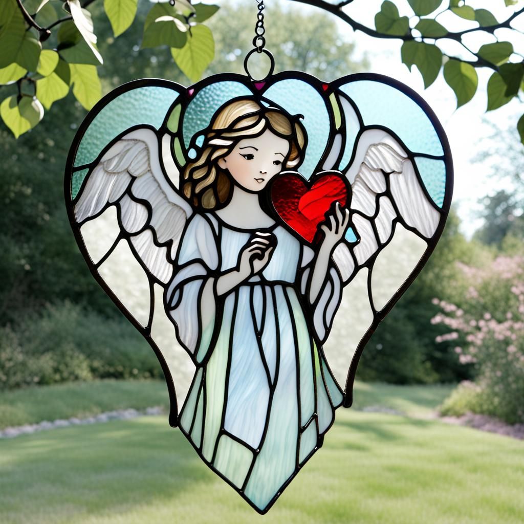 stained glass angel holding heart