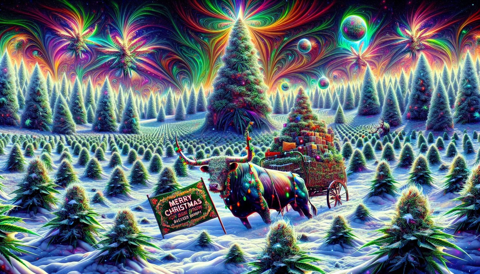 Bull Celebrates Festive Christmas in a Psychedelic Cannabis...