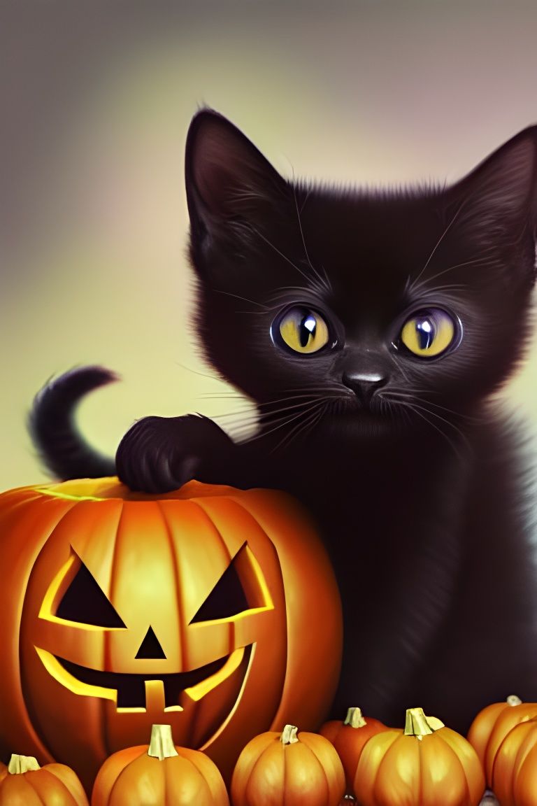 Black Kitten with Pumpkin: Fantasy Concept Art