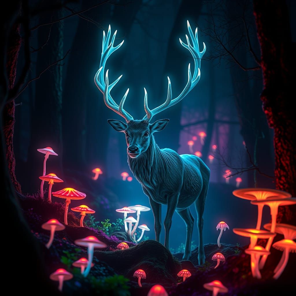 Bioluminescent Stag in Mystical Forest