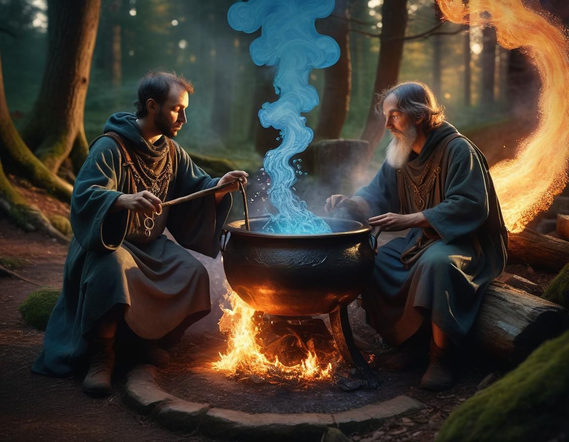 Medieval Alchemist in Forest Glen at Magic Hour