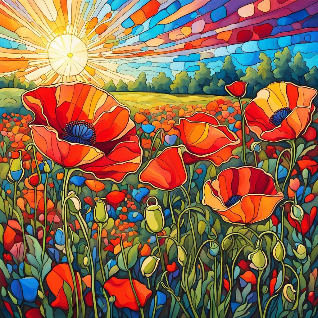 Poppy Field at Dawn in Gouache Style