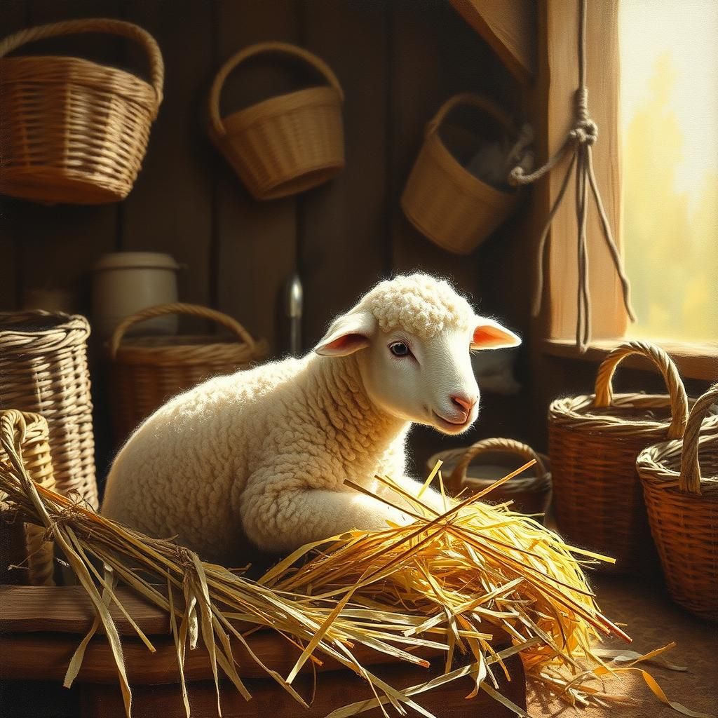 Lamb in Barn: Oil Painting on Felt