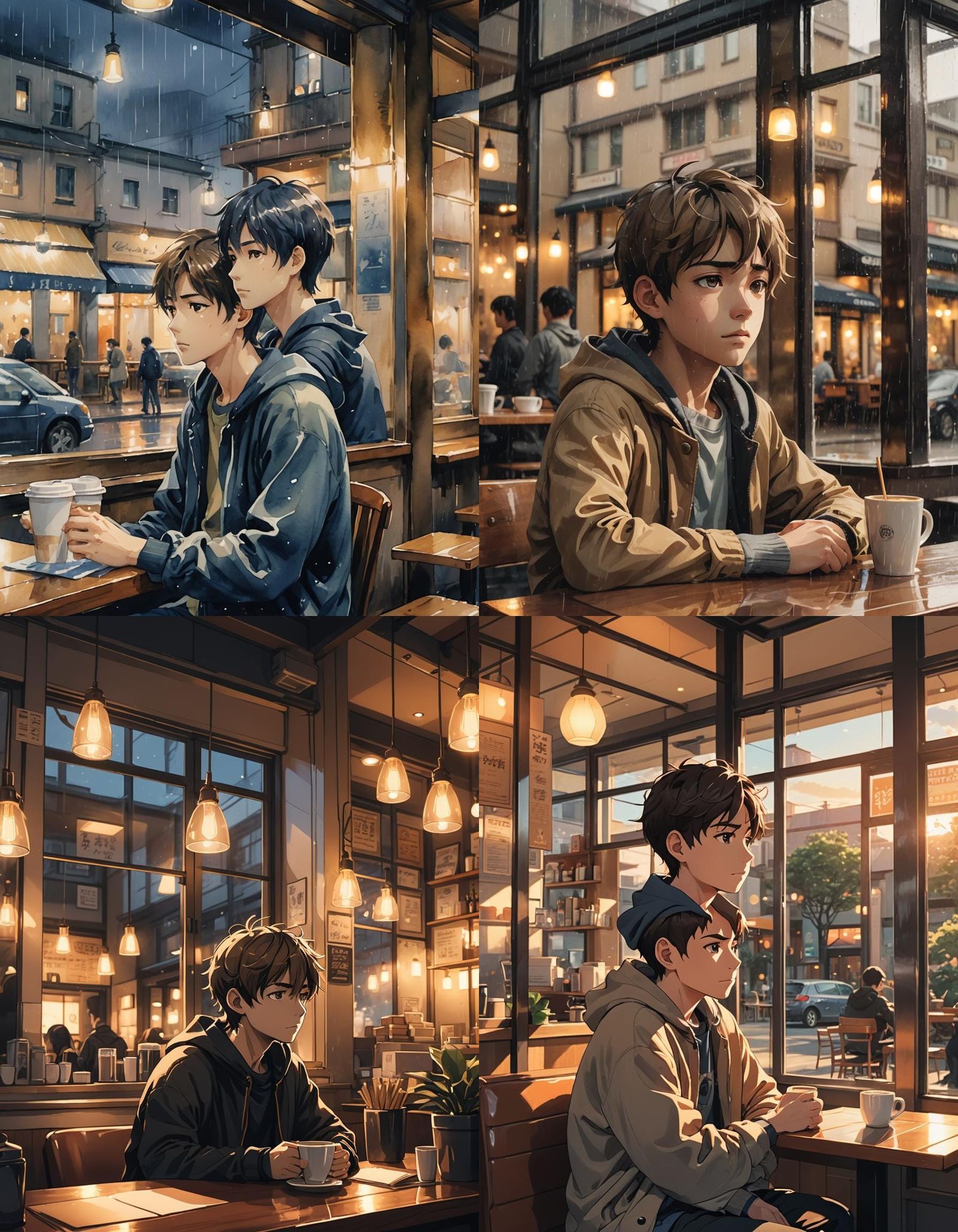 Boy in Coffee Shop: Anime-Inspired Reflective Scene