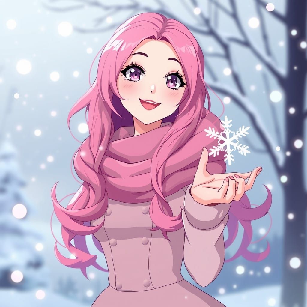 Pink Haired Winter Goddess Catches Snowflakes with Enchanted...