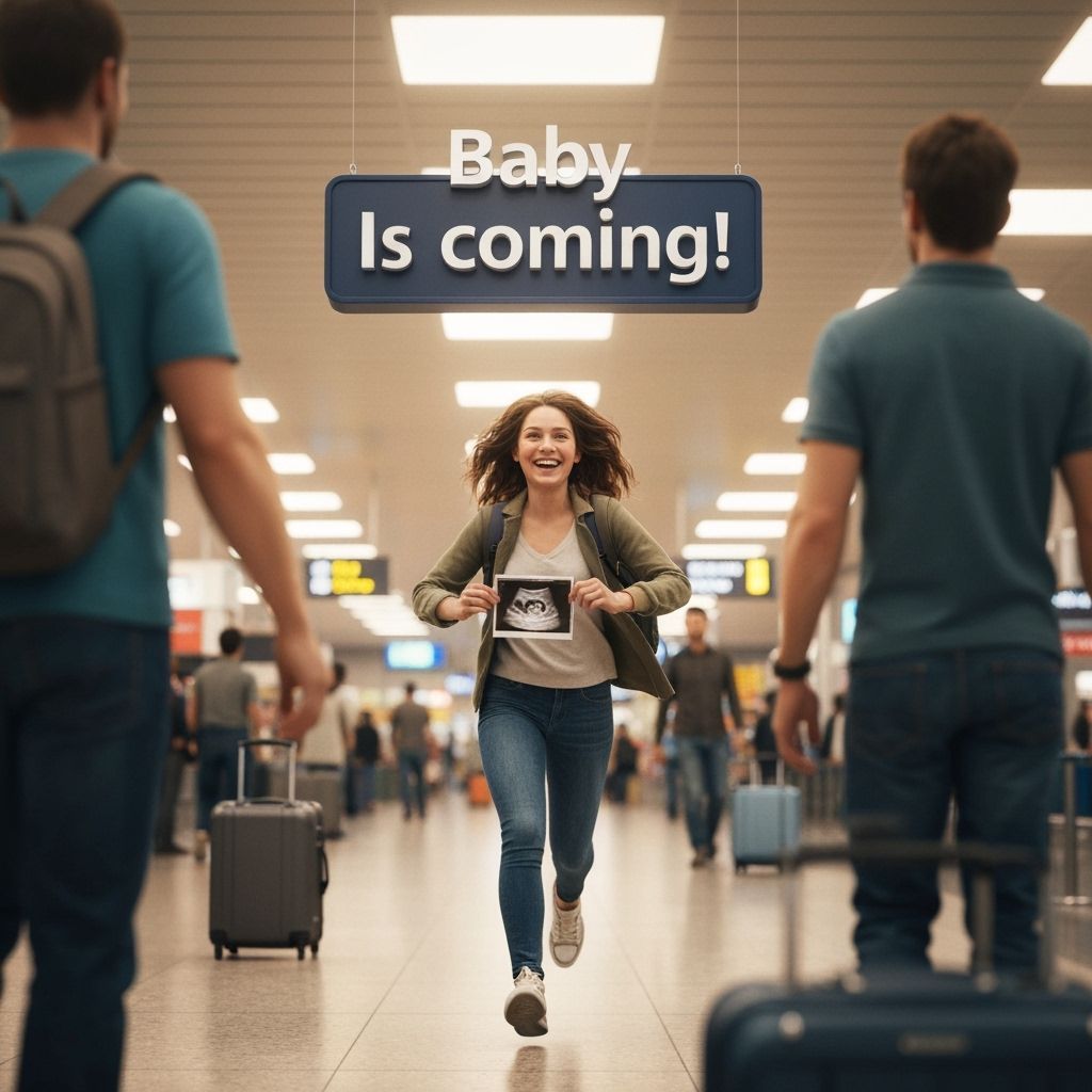 Joyful Reunion: Expectant Couple in Airport