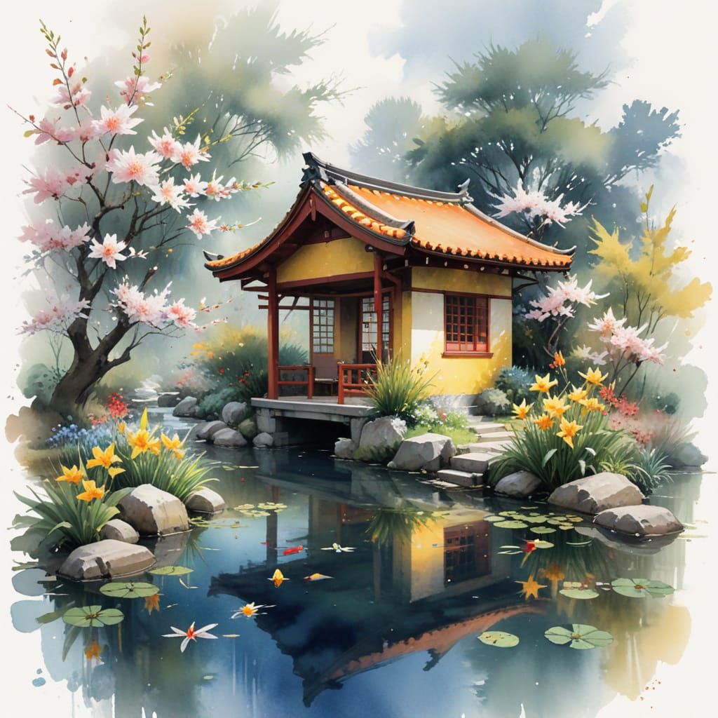 Serene Japanese Tea House Beside Koi Pond in Watercolor