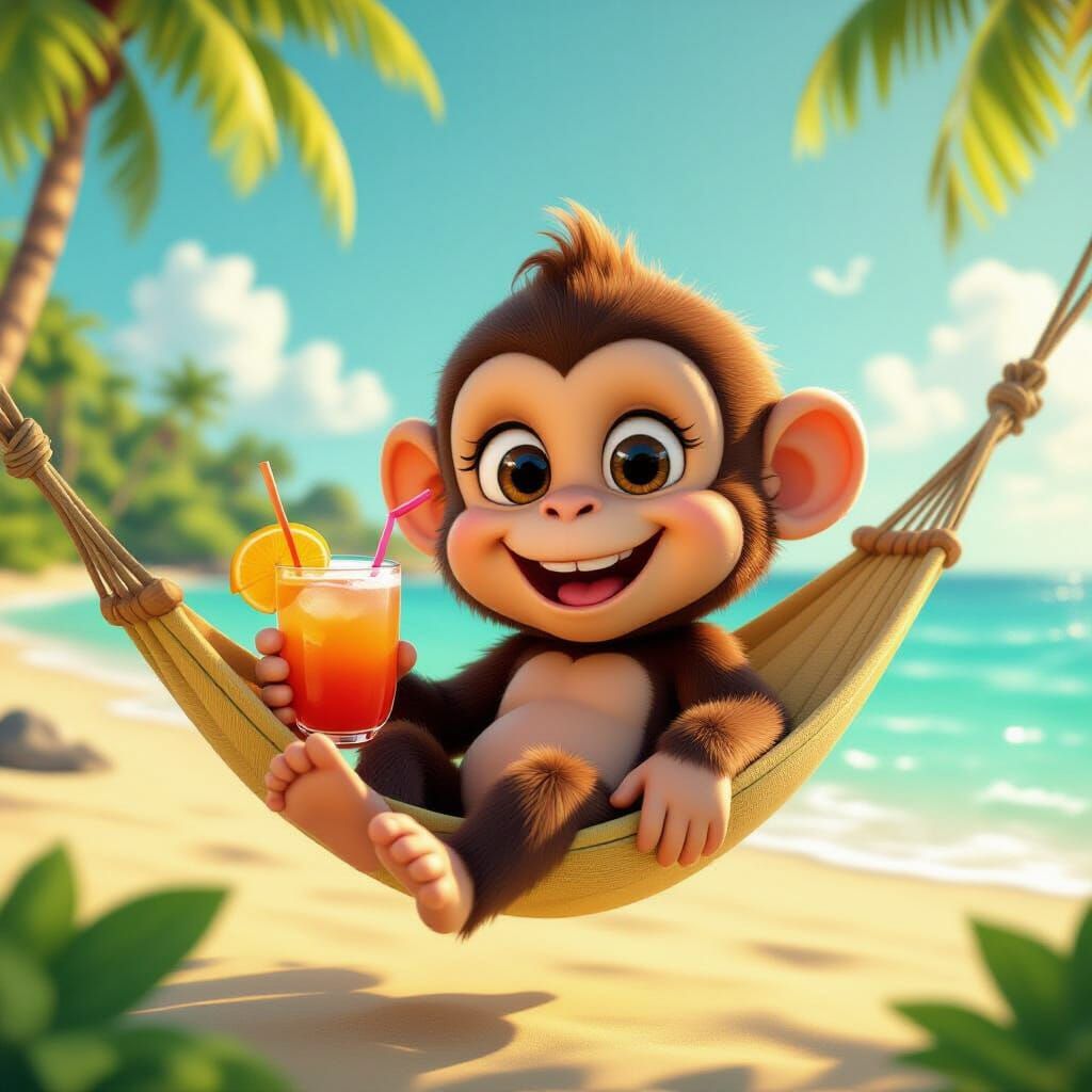 Cute 3D Cartoon Monkey Relaxing in Hammock on Tropical Beach