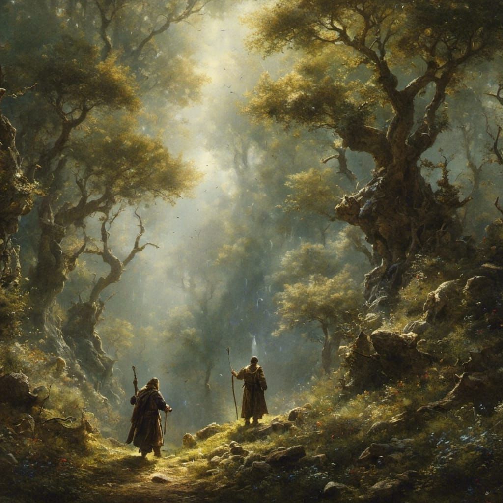 Enchanting Forest Scene with Wizards Casting Spells