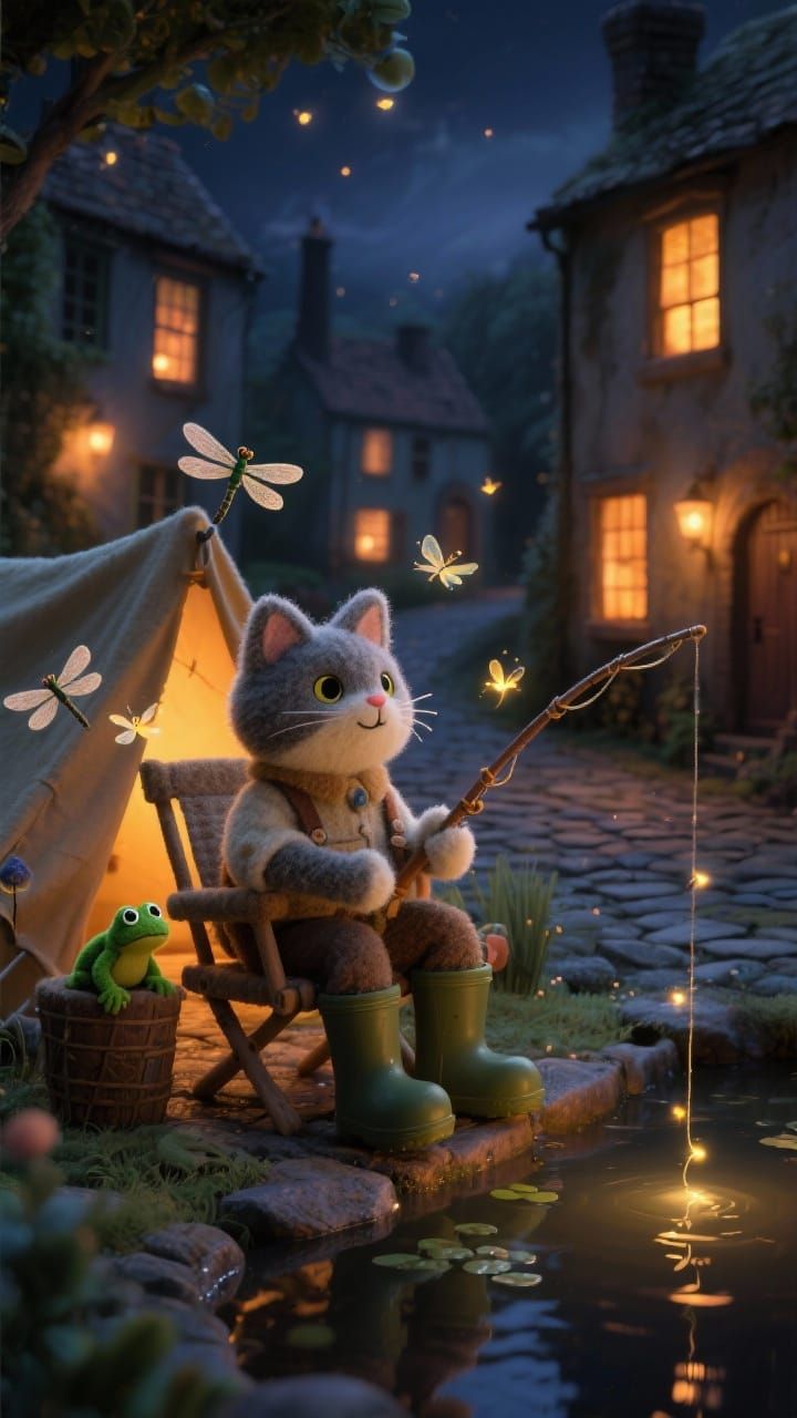 Felt Cat Fisherman by Village Pond in Magical Light