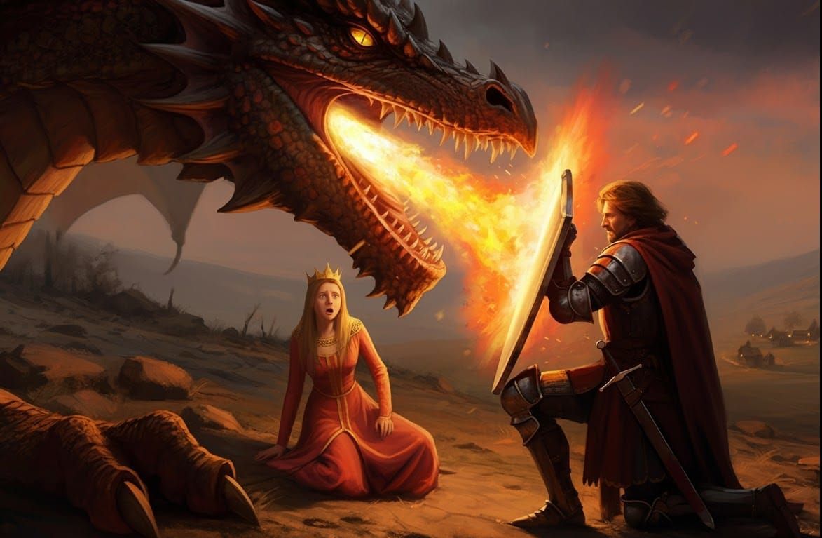 Knight Protects Princess from Dragon Fire Breath