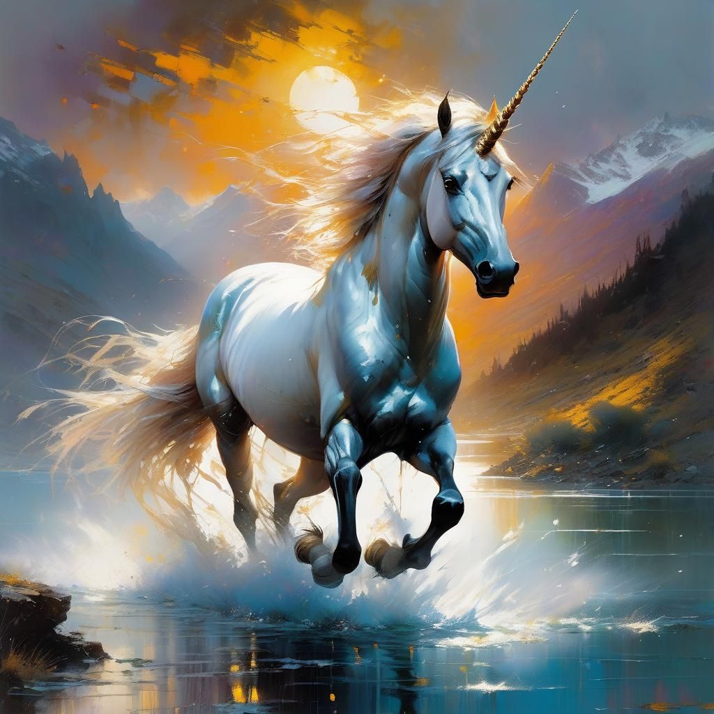 Unicorn Galloping at Sunset: Fantasy Art