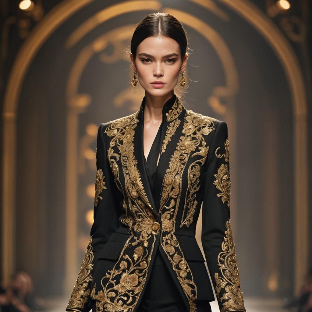 Elegant Model Showcasing Black and Gold Haute Couture