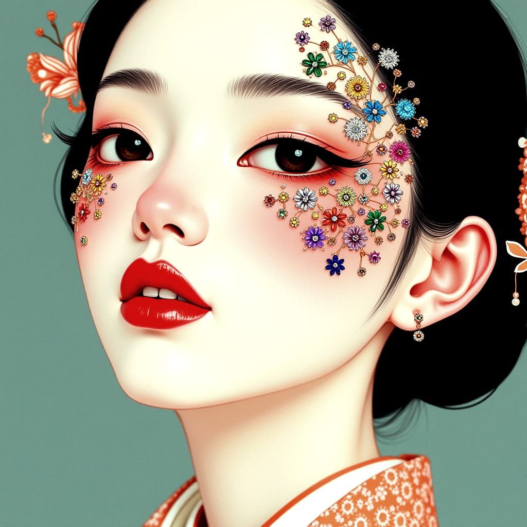 Woman with Jeweled Flowers and Japanese Makeup