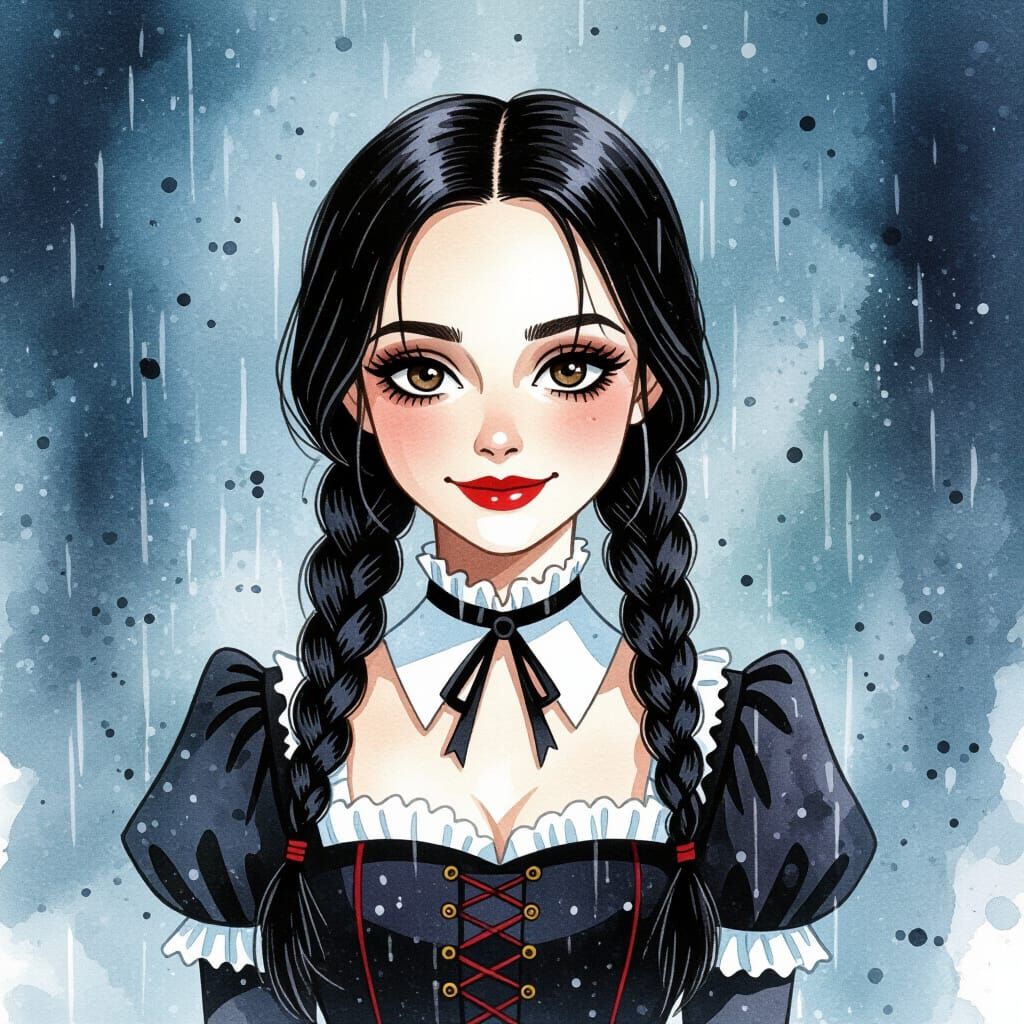 Wednesday Addams Smiling in Rainy Space