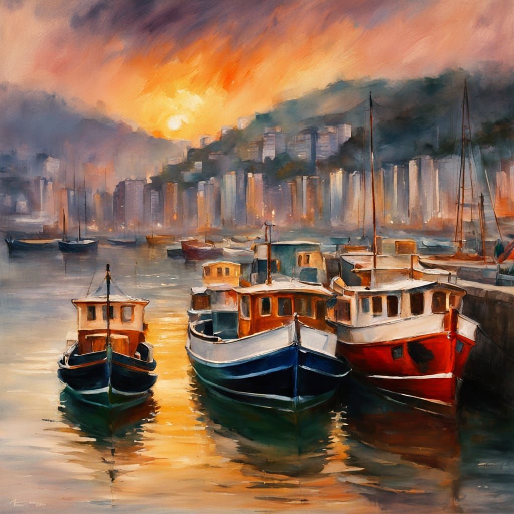 Watercolour Painting of Hong Kong Harbour Boats in Soft Focu...
