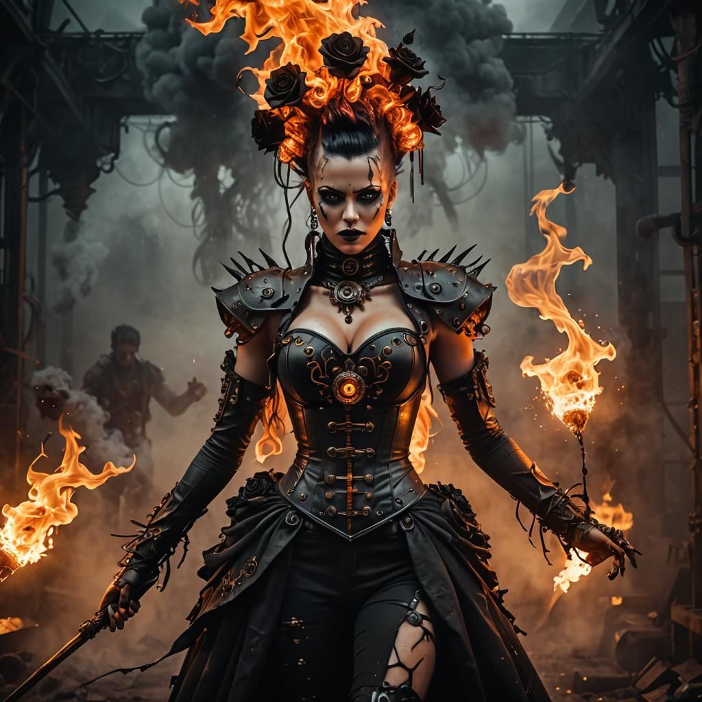 Steampunk Gothic Goddess Amidst Flames and Sparks