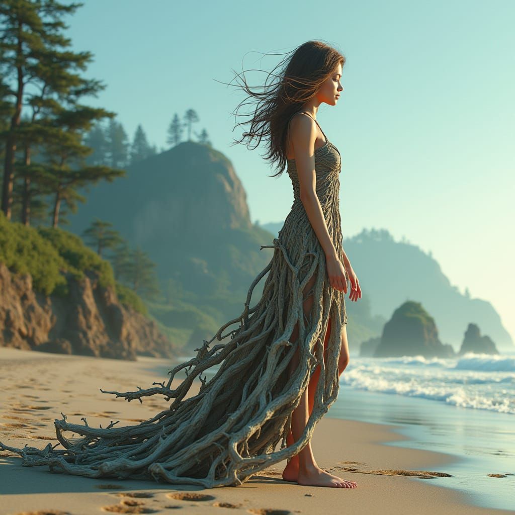 Oregon Coast Woman and Driftwood Sculpture