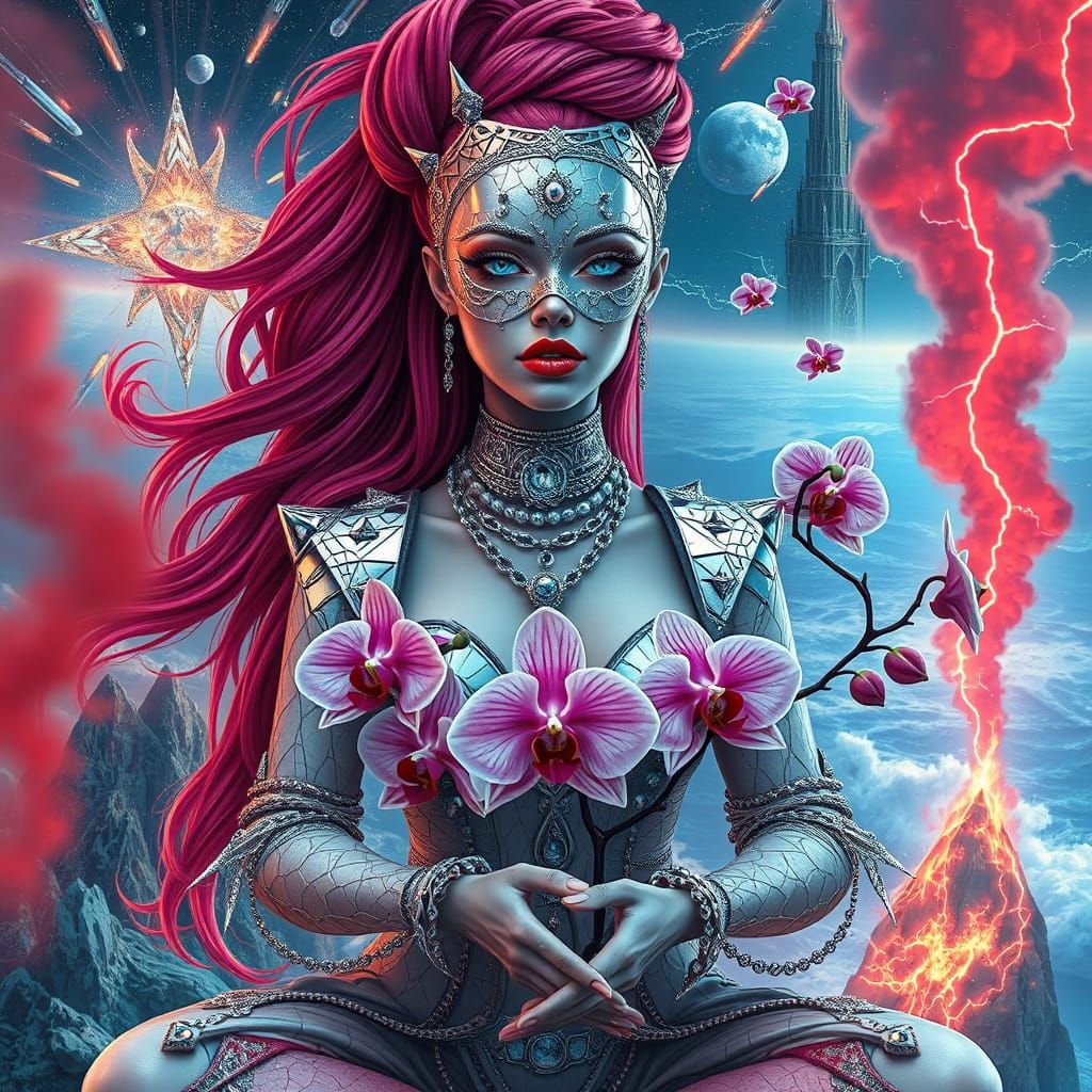 Woman with Electric Blue Eyes and Fiery Aura