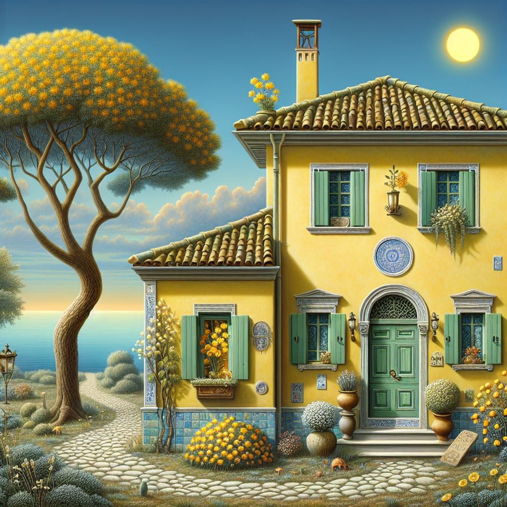 Charming 3D Scene: Yellow House and Blossoming Tree