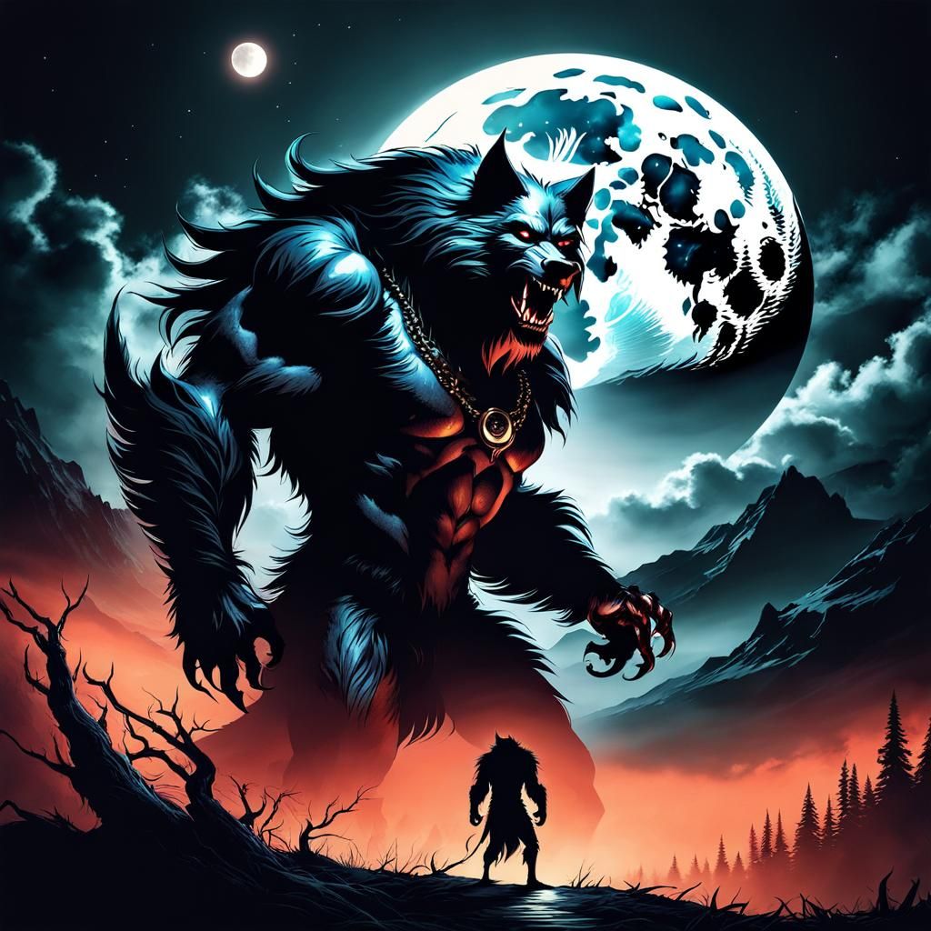 Dark Werewolf Howling at Moon, Digital Art
