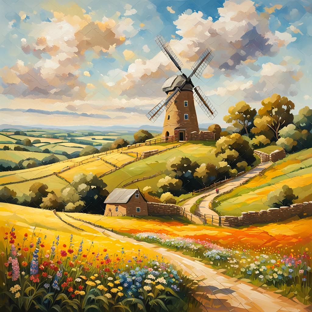 English Countryside Windmill in Impressionist Style