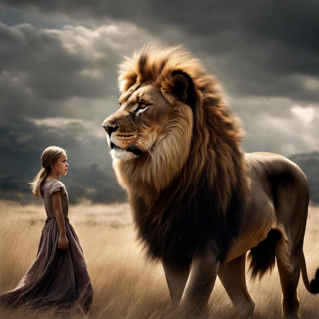 Girl Rides Lion in Hyperrealistic Cinematic Image